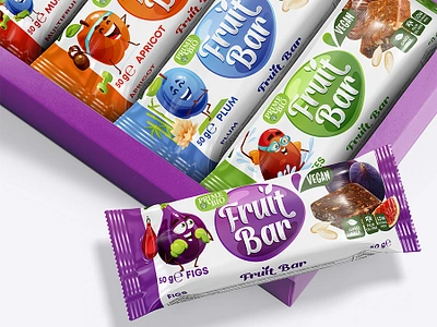 Fruit Bars. Logo & Packaging Design branding characters food fruit bar graphic design healthy bar identity illustration label design logo design packaging vegan food