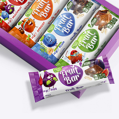 Fruit Bars. Logo & Packaging Design branding characters food fruit bar graphic design healthy bar identity illustration label design logo design packaging vegan food