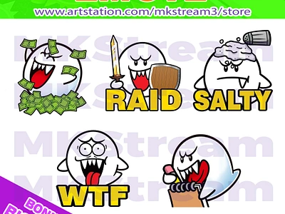 Twitch Emotes Cute Ghost Boo rich, raid, salty, wtf & note pack animated emotes anime boo boo emotes cute design emotes ghost ghost emotes halloween horror illustration mario bros money note salty ssuper mario bros sub badge twitch emotes wtf