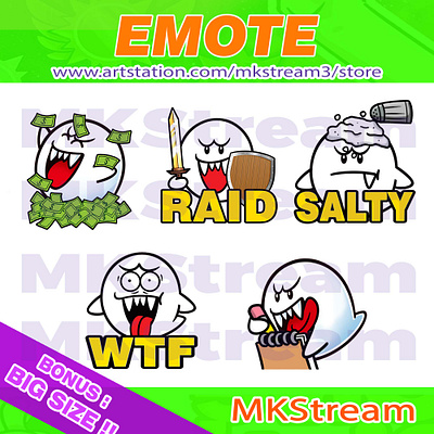 Twitch Emotes Cute Ghost Boo rich, raid, salty, wtf & note pack animated emotes anime boo boo emotes cute design emotes ghost ghost emotes halloween horror illustration mario bros money note salty ssuper mario bros sub badge twitch emotes wtf