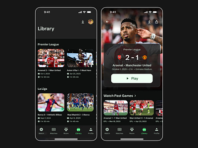 Library Screen 📺 ⚽️ app appdesign arsenal barca branding dailyui design figma football green illustration ios library logo mancity manunited realmadrid soccer ui ux