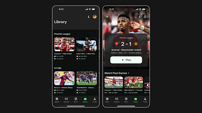 Library Screen 📺 ⚽️ app appdesign arsenal barca branding dailyui design figma football green illustration ios library logo mancity manunited realmadrid soccer ui ux