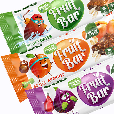 Fruit Bar. Vegan bar brand identity branding character graphic design illustration label design logo logo design packaging design vibrant color