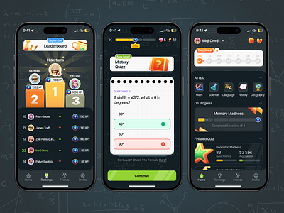 Kuizu - Educational quizz app app clean daily streak dark mode duo linggo education funny gamification leaderboard math questions quizz study ui design