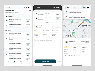 Ride Sharing Mobile App - Order History and Detail app design booking app car taxi driver driver ios location maps mobile apps order order detail order history passengers product design rating review ride app ride booking ride sharing app trip uiux