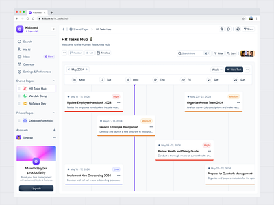 Klaboard - Task Management Dashboard (Timeline View) calendar card dashboard design minimalist navbar product design productivity project management sidebar task task manager team collaboration time timeline timeline view ui ux website work