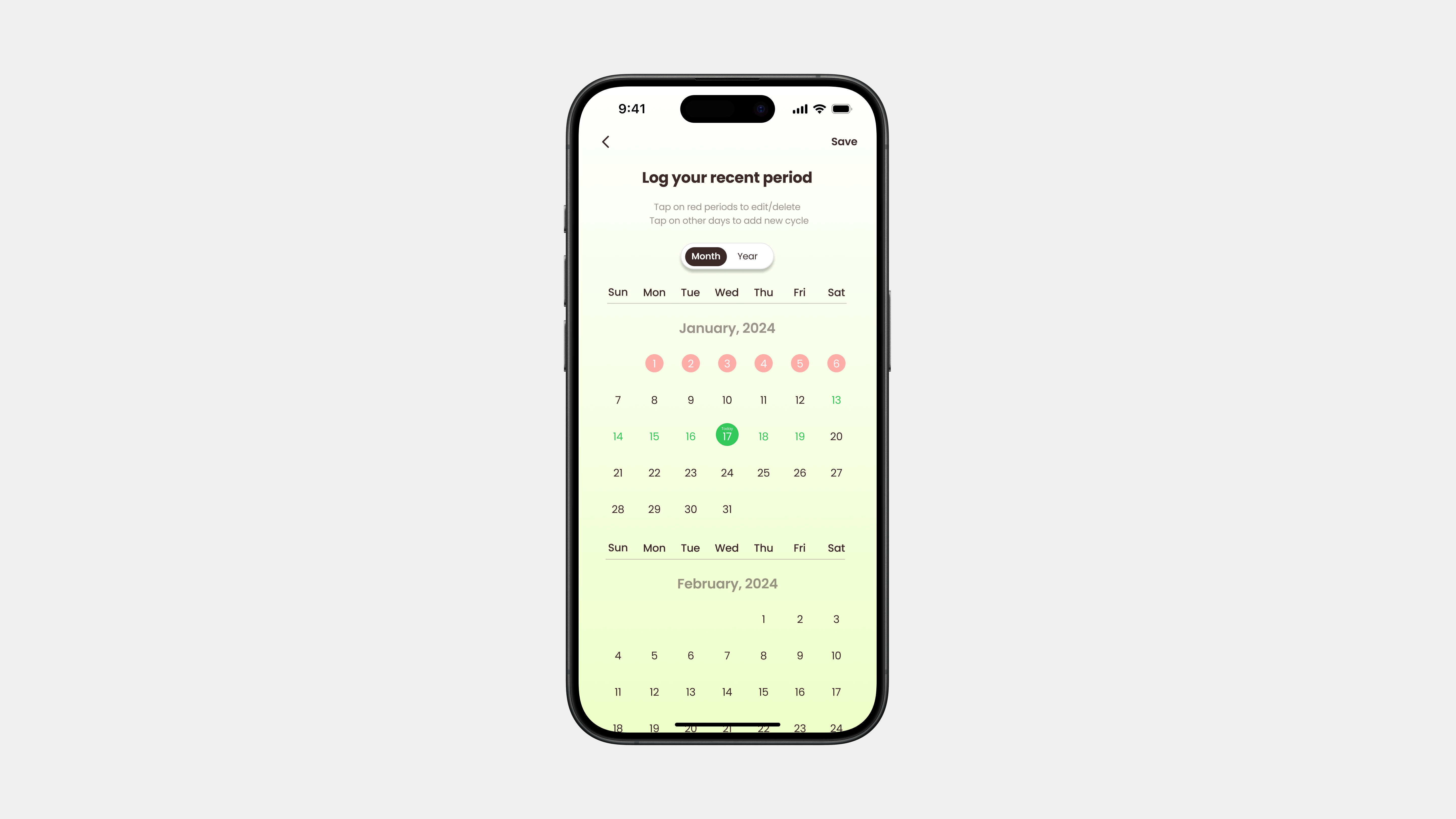 Day 38 - Calendar #DailyUI calender cycle tracking dailyui design green health app ios lightmode period ui ux