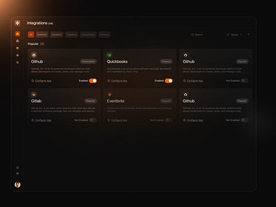 Dark Mode Integrations clean components configuration dark dark mode dark theme design details integrations interface minimal product saas settings tracking ui ui design ux ux design web