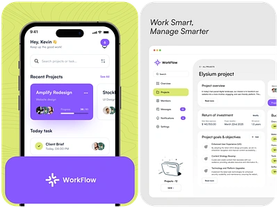 Workflow Overview app card design member message mobile notification project project management tasks team ui ux web