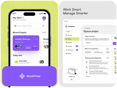 Workflow Overview app card design member message mobile notification project project management tasks team ui ux web