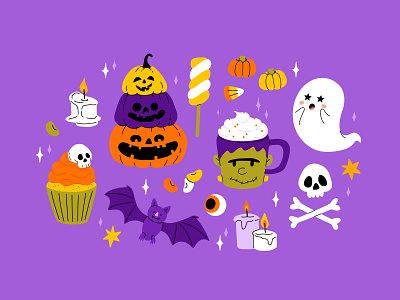 Halloween set 3 cartoon character collection concept design flat halloween illustration set sticker vector