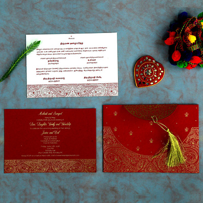 Falu Red Handmade Cotton Embossed Wedding Card