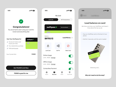 SwiftPass - Travel Mobility Prepaid Card -Fintech actions bus card controls credit card design finance fintech load money login metro product design scan transit ui upi