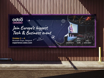 Odoo Experience 2024 - Billboard advertisement banner belgium billboard branding brussels design experience landscape odoo poster print purple street