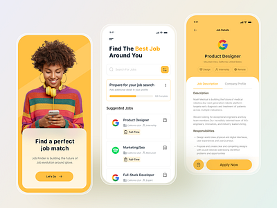 Job Finder Mobile App Design androidapp appdesign applicationdesign appui cleandesign creativedesign designconcept designinspiration dribbbledesigninspiration figmadesign hiring iosapp jobfinder mobileapp mordernui onlinejob onsitejob softwaredesign uiuxdesign webdesign