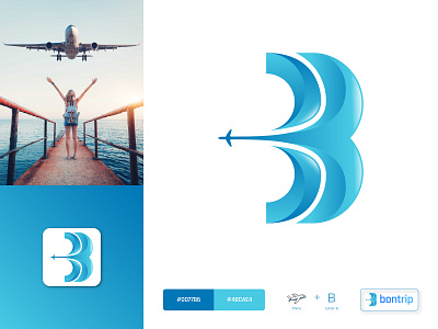 Travel Bontrip Letter B and Plane Logo Design agency logo airplane b logo blue color bontrip flight fly globe logo icon lasthusain letter logo plane icon symbol tour transport travel logo trip typography world