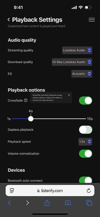 Playback Settings page for a music streaming SaaS. dailyui music streaming product design