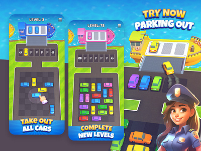 ASO for new Parking Out! game 3d android app store aso blender car design ferries game icon illustration ios logo parking police screens set ui vector