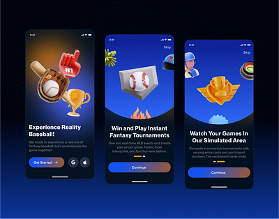 Baseball Mobile App - Onboarding 3d baseball branding darkmode design gradient illustration interactive mobile app onboarding splash screen ui ux