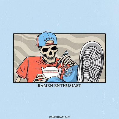 RAMEN ENTHUSIAST alterfan artist coverart design fastfood illustration noodles ramen reaper skeleton skull snapback sneakers streetwear tshirt vector