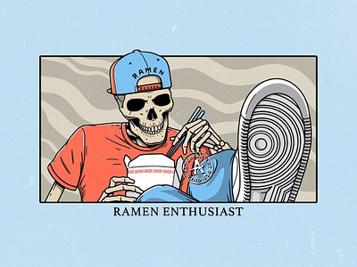 RAMEN ENTHUSIAST alterfan artist coverart design fastfood illustration noodles ramen reaper skeleton skull snapback sneakers streetwear tshirt vector