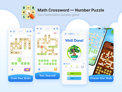 ASO Design for Math Crossword — Number puzzle 3d aso calculator crossword flower game graphic design growing plant illustration math numbers plant puzzle screens screenshot set ui vector