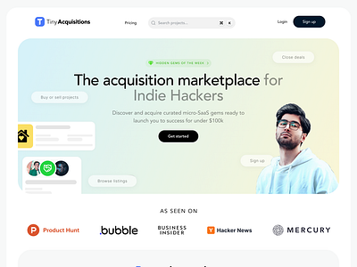 Tiny acquisitions website redesign clean design indie hacker marketplace website website design