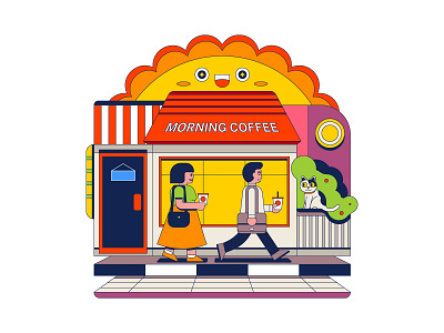 Morning Coffee apparel architecture branding cafe cat coffee commuter design digital editorial happy icon illustration indonesia office people red sun uniqlo vector