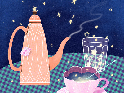 Moonlight Tea Time art artwork cup design fairy illust illustration ipad kettle line muddler night pattern photoshop saucer star steam tea teabag