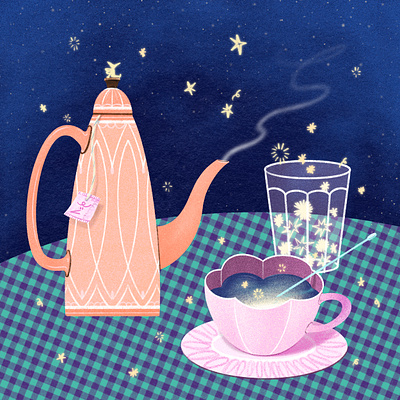 Moonlight Tea Time art artwork cup design fairy illust illustration ipad kettle line muddler night pattern photoshop saucer star steam tea teabag