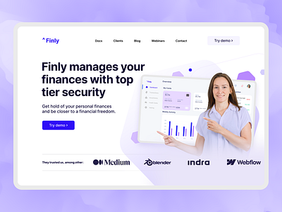 Finly Landing page! blue dashboard design figma finance hero human landing saas ui ux website