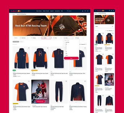 RedBull CLP athletes badges bikes branding commerce digital filters graphic design mobile orange product racing red redbull shop sort sports ui ux web