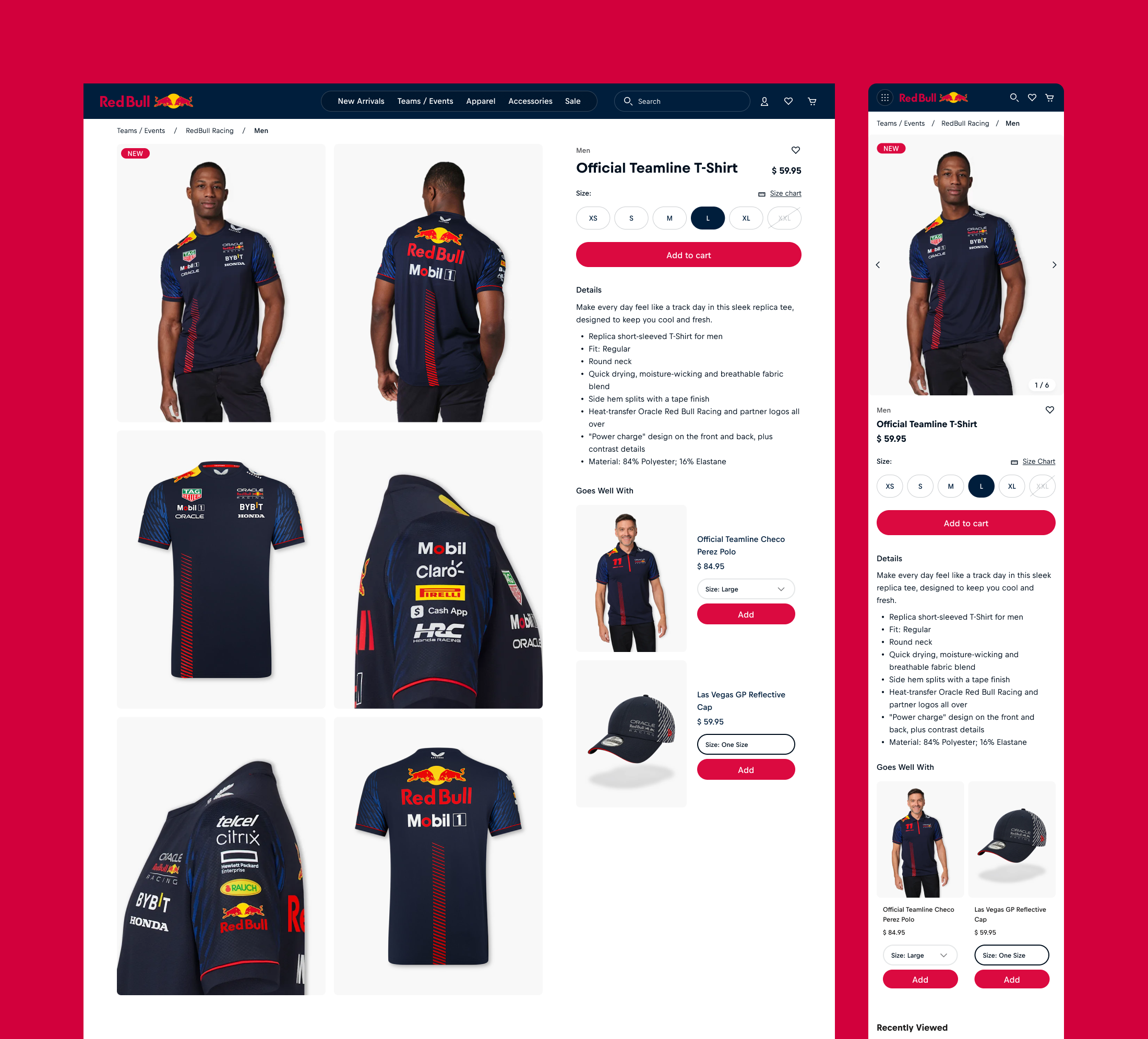 RedBull PDP apparel buy cars clothing commerce cross sell digital gallery graphic design jersey mobile navy product racing red shop ui up sell ux web