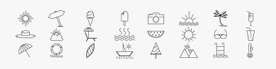 Summer web line icon set beach boat camera cloud drink holiday icon illustration line mountain palm sea signs summer sun travel vector