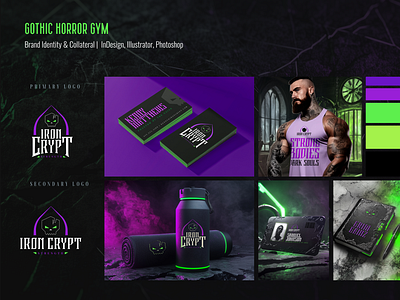 Gothic Horror Gym Brand Identity branding crypt design edgy fitness gothic graphic design gym horror lime green logo design neon purple