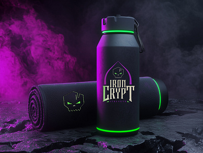 Gothic Horror Gym Water Bottle & Gym Towel branding design edgy fitness gothic graphic design gym horror lime green logo design mockup neon purple towel water bottle