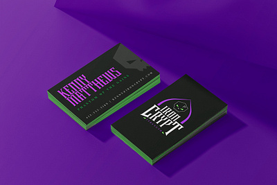 Gothic Horror Gym Business Cards blackletter font branding business cards crypt design edgy fitness gothic graphic design gym horror lime green logo design mockup neon purple