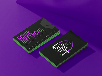 Gothic Horror Gym Business Cards blackletter font branding business cards crypt design edgy fitness gothic graphic design gym horror lime green logo design mockup neon purple