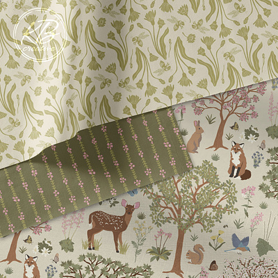 Meadow's Edge Collection adobe illustrator bees deer digital collage fox meadow millefleur pattern pattern collection pattern design rabbit spring squirrel striped pattern surface pattern design trees vector illustration wildflowers