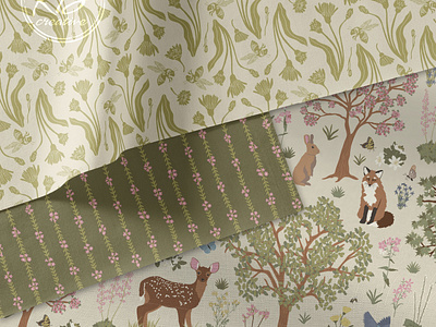 Meadow's Edge Collection adobe illustrator bees deer digital collage fox meadow millefleur pattern pattern collection pattern design rabbit spring squirrel striped pattern surface pattern design trees vector illustration wildflowers