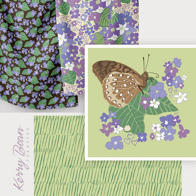 Love Violets adobe illustrator butterflies fabric design florals pattern collection pattern design surface pattern design vector art violets wildflowers