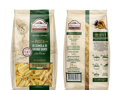 Pasta Bel Gusto. Packaging Design branding food graphic design illustration italian italy label design package packaging design pasta penne postal