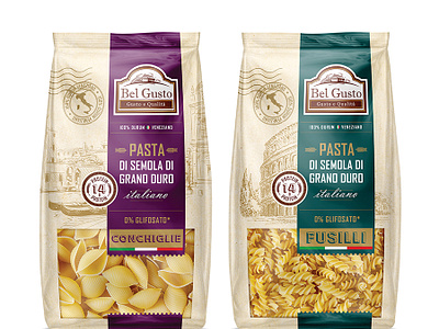 Pasta Bel Gusto. Packaging branding food graphic design illustration italian italy label design packaging design pasta postal stamp