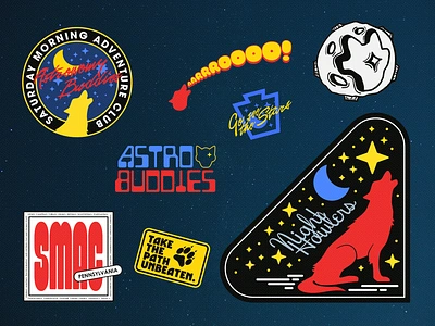 astro buddies adventure club branding club design howl nature outdoor pennsylvania saturday morning adventure club smac stargazing stars sticker vector vibes wolf