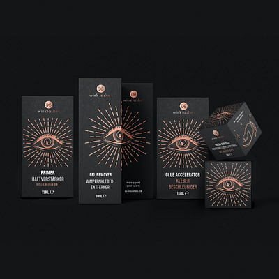 Wink Lashes. Packaging Design black branding cosmetic dark eye graphic design label design lashes line illustration magic package packaging design pink gold