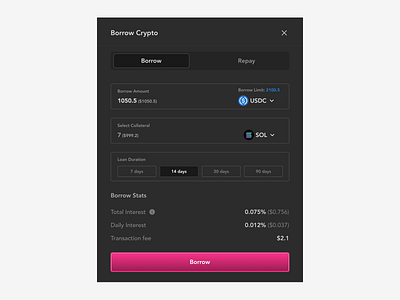 Crypto: Borrow Modal (Dark Mode) crypto figma mini app modal modal ui rwa telegram ui web3