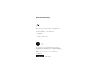 Integrations and apps apps component connect connected design exploration disconnect figma icon install integration learn more light mode logo modal product design saas slack stripe ui ux