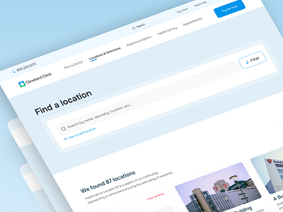 Healthcare Website Find a Location appointment clean clinic design doctor appointment find location health improvement healthcare hospital landing page location listing medical care medical website minimal online healthcare patient skincare ui design website