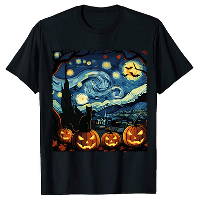 Starry Night Cat Halloween T-Shirt starrynightcathalloween starrynightcathalloweenshirt starrynighthalloween