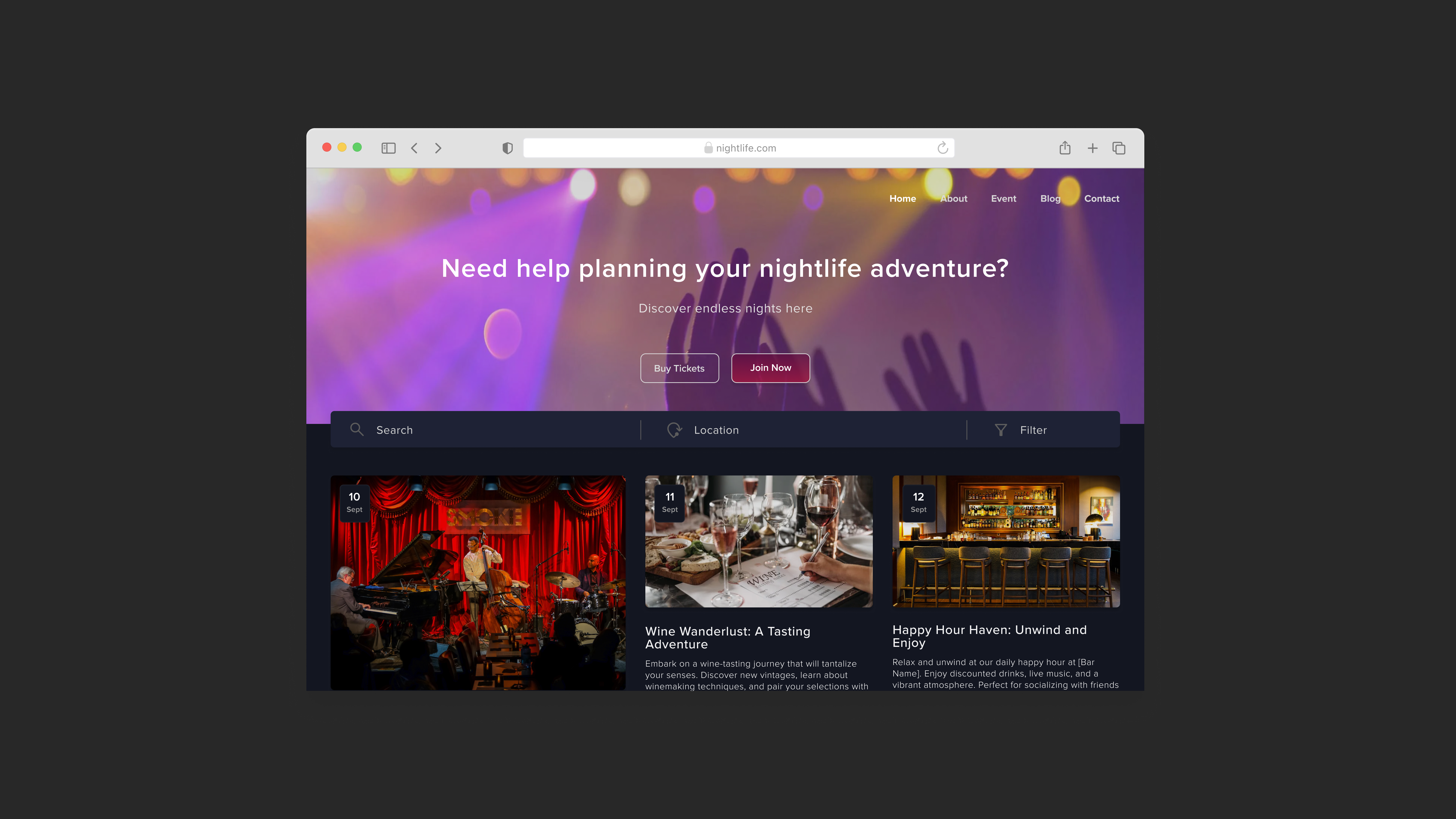 Day 70 - Event Listing #DailyUI dailyui darkmode design event listing macos nightlife ui ux website
